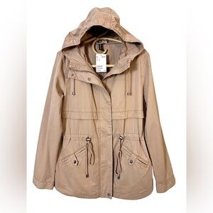 NEW! H&M TAN LONG ZIP UP JACKET Spring NWT Size Small Womens Hood Toggle Waist